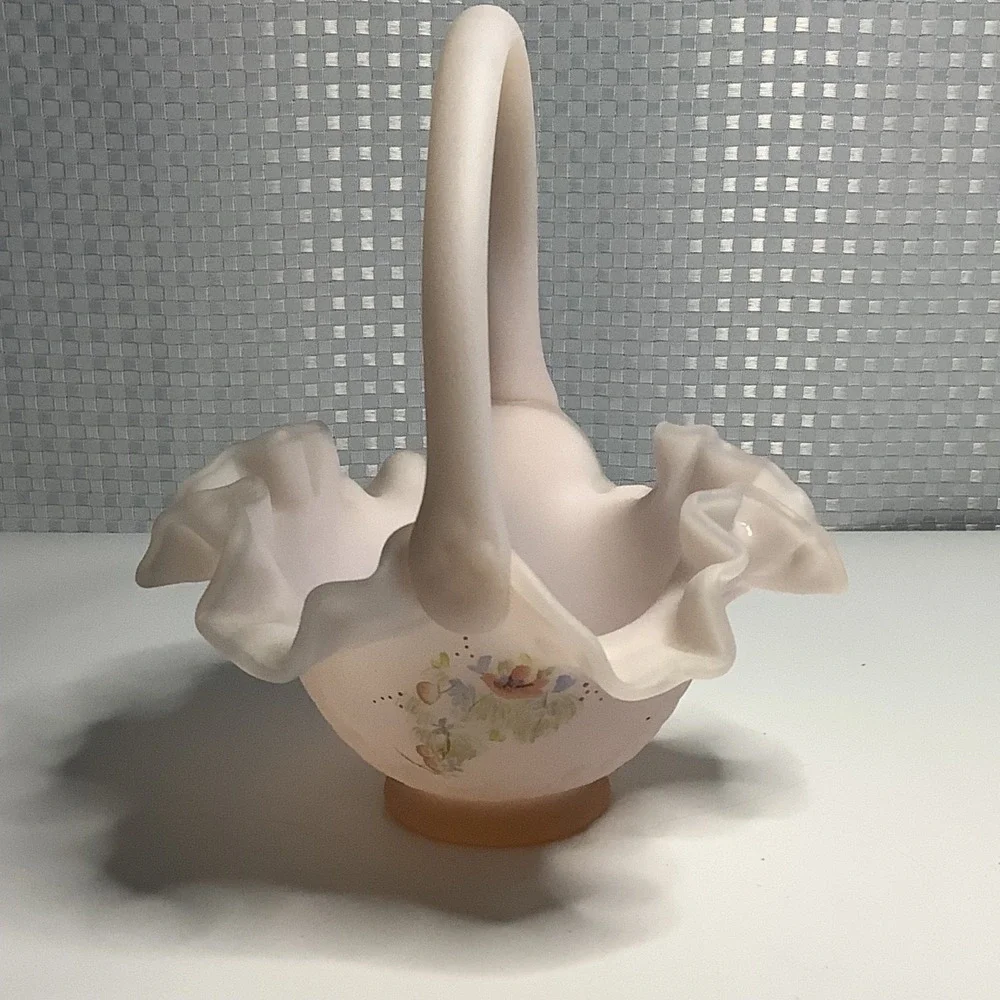 Fenton Pink Satin Glass Basket Ruffle Hearts & Flowers Hand Painted w/ Signature